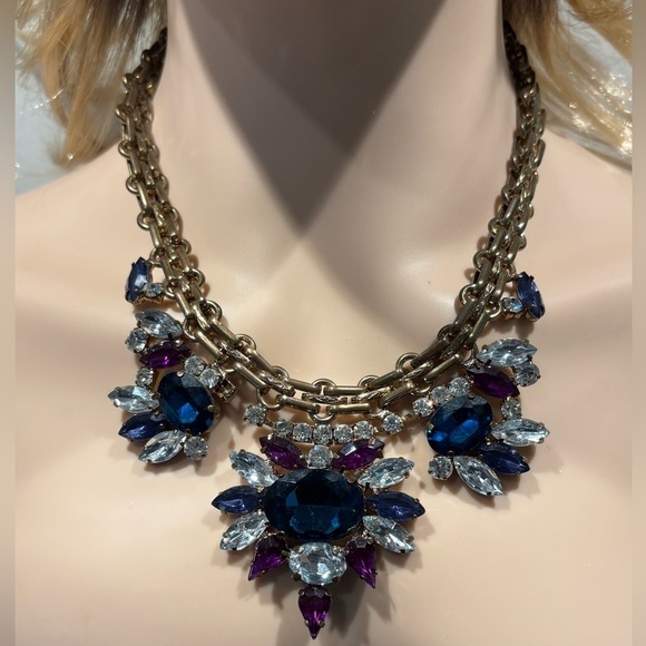 Statement Crystal Collar Necklace - Blue, Purple & Clear Rhinestones - Picture 4 of 7